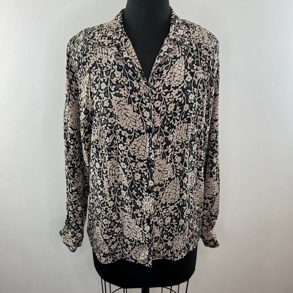 Vintage STUDIO A Tan & Black Floral 100% Silk Long Sleeve Blouse VTG Button-Up M - Picture 2 of 7